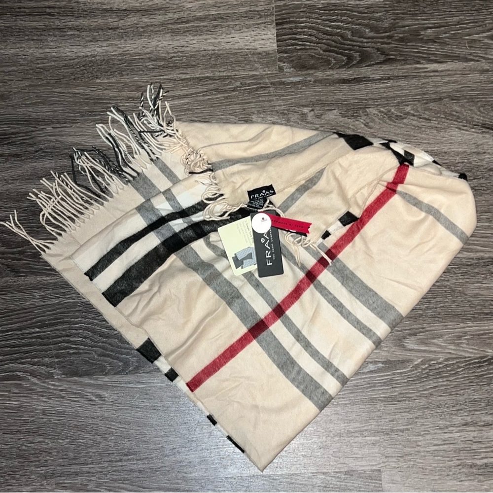NWT Plaid Fringe Scarf in Beige, Black, and Red by FRAAS